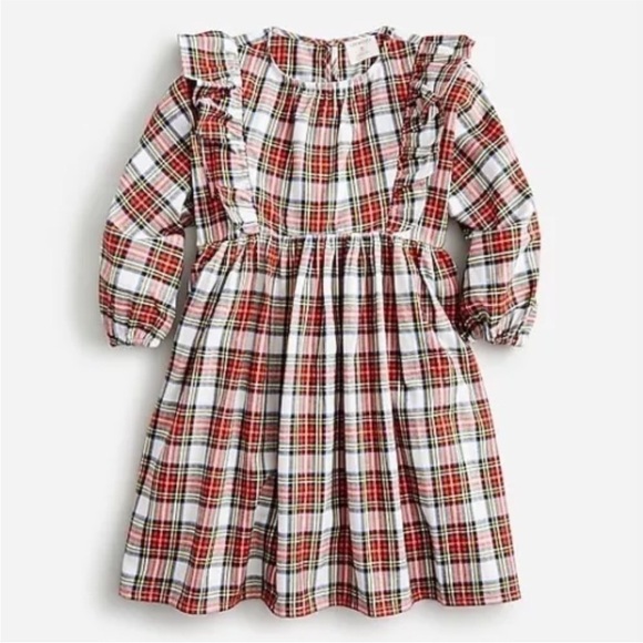 J.Crew Girls' Snowy Stewart TartanLong-Sleeve Ruffle-Shoulder Dress 7 Holiday